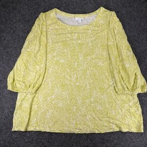 J.Jill Women's 2X Chartreuse White Print 3/4 Sleeve Top Linen Blend